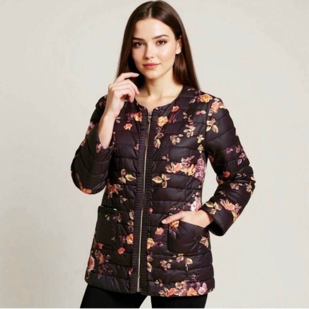 Patty Kim Floral Light Puffer Jacket Large Black Red Orange Art to Wear